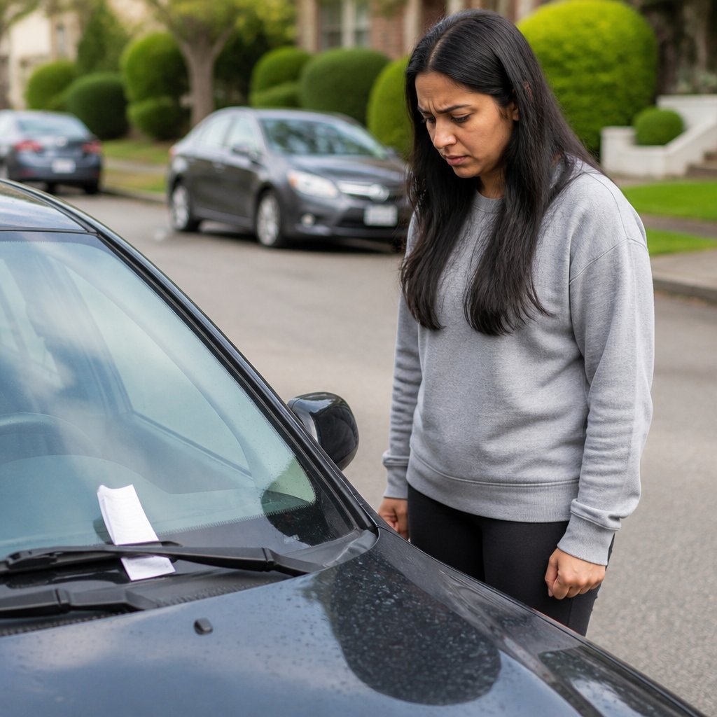 Concerned South Asian woman looking at parking citation on car windshield in residential street.