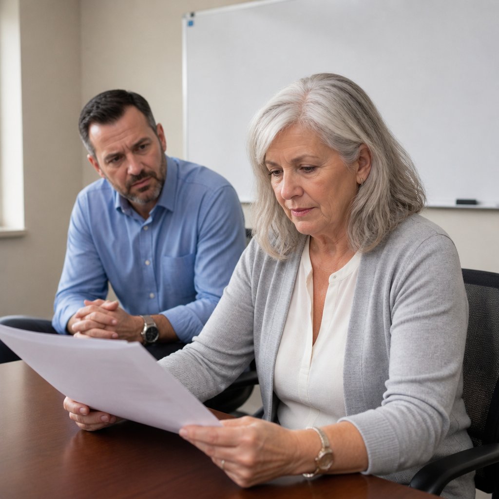 Woman in cardigan reviewing surgical papers at conference table with concerned male urologist nearby.