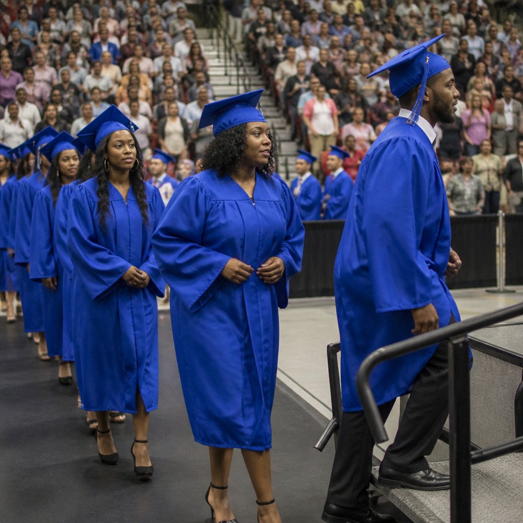 Line of graduates in blue gowns walking toward the stage ramp in a packed gymnasium