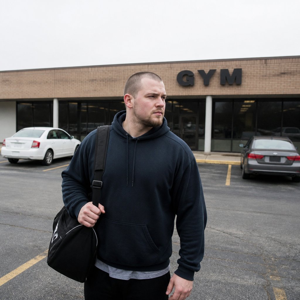 Exterior of a budget strip-mall gym on a commercial road