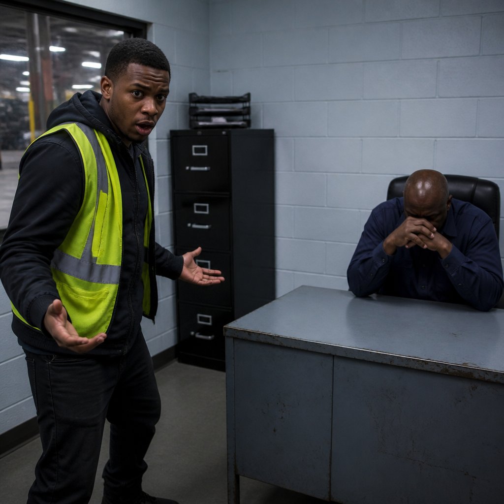 Worker standing in warehouse office looking stunned after being told he's fired