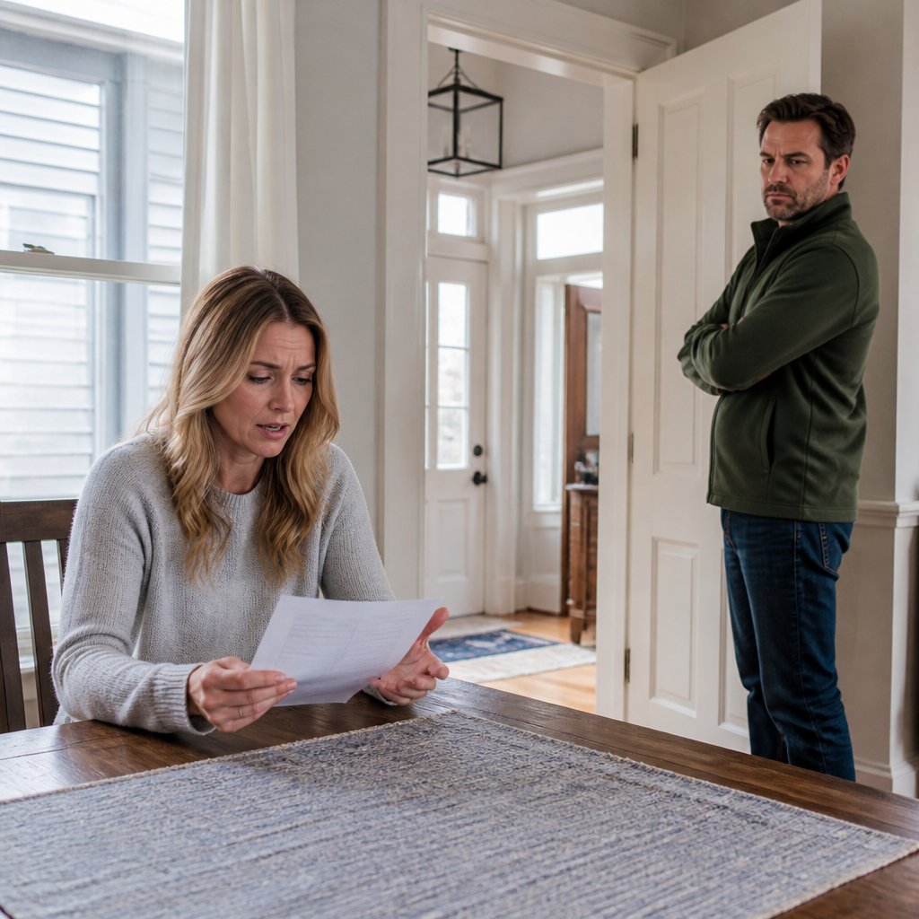 Woman holds a letter at the table while neighbor stands distant, arms crossed.