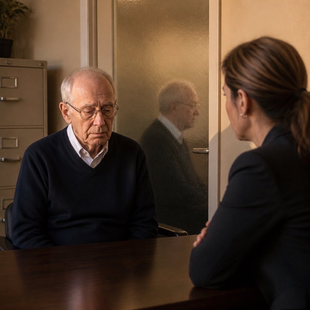 Older man confronted by HR in a small office with a tough ultimatum.