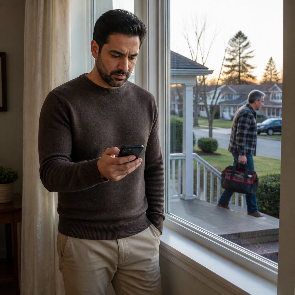 Man reading a text message at window with serious expression while neighbor carries tool bag onto porch outside.