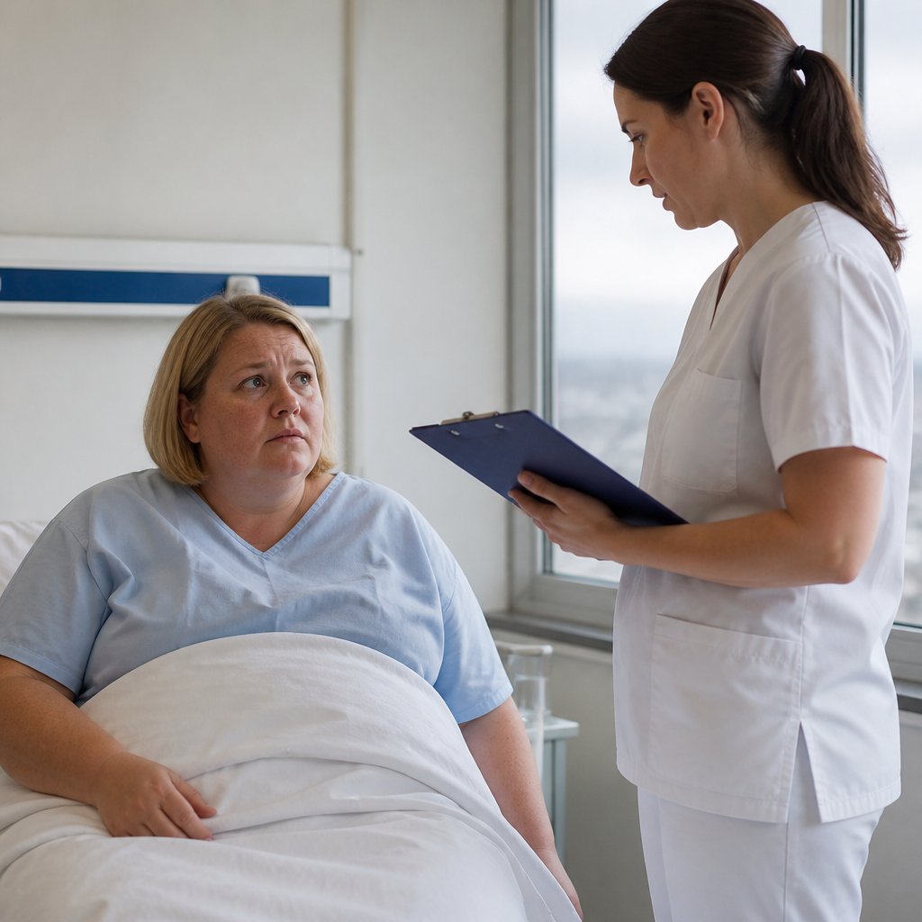 Postpartum woman speaking to nurse about surgeon absence, hospital room with gray window.