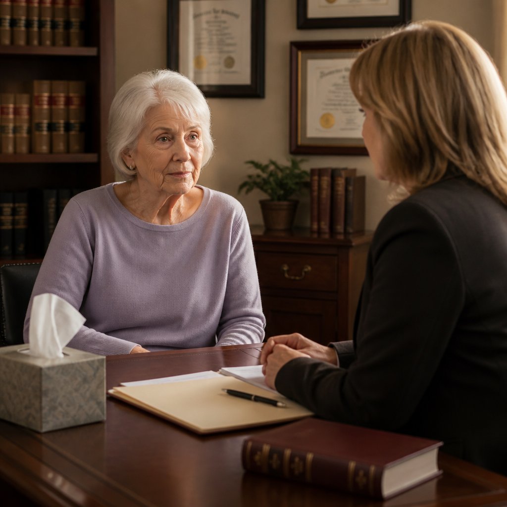 Grandmother meeting with family law attorney looking tired but determined