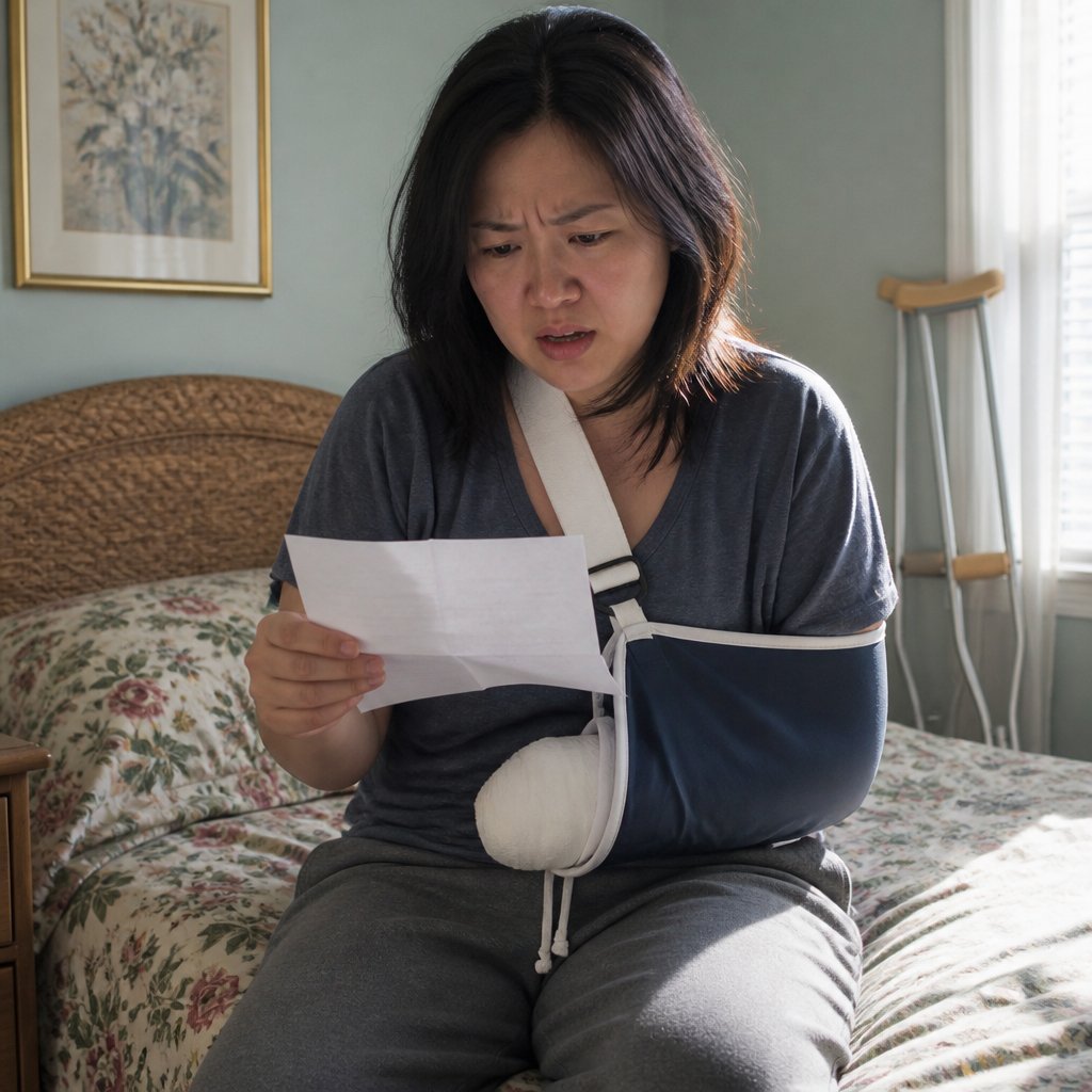 Injured woman reading insurance letter blaming her with expression of disbelief and anger