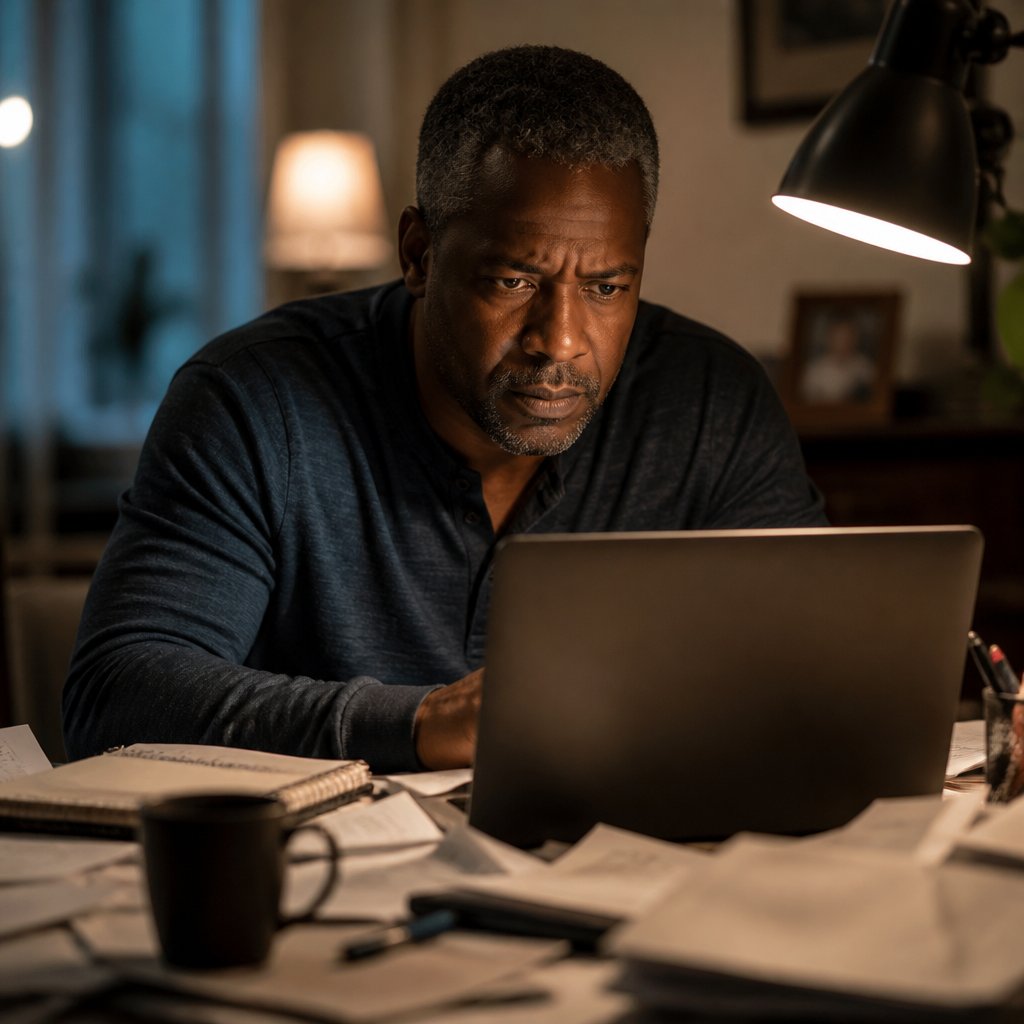 Man at home desk leaning toward laptop with expression of grim discovery