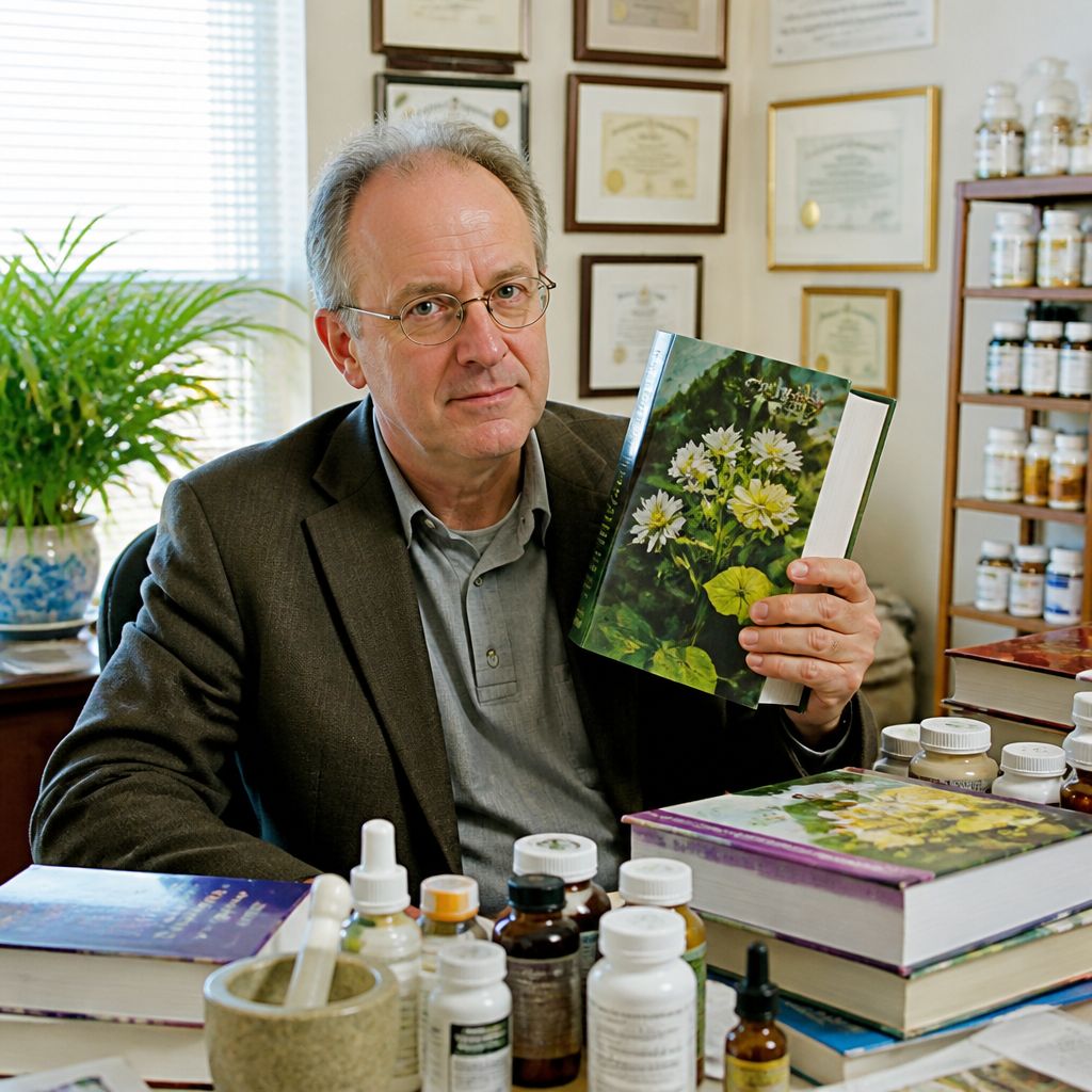 Naturopathic practitioner in office with alternative health books looking earnest but questionable