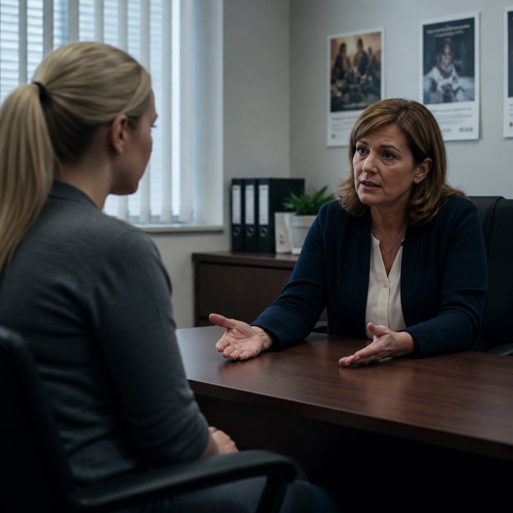 Woman looking frustrated in HR meeting while HR director looks sympathetically constrained