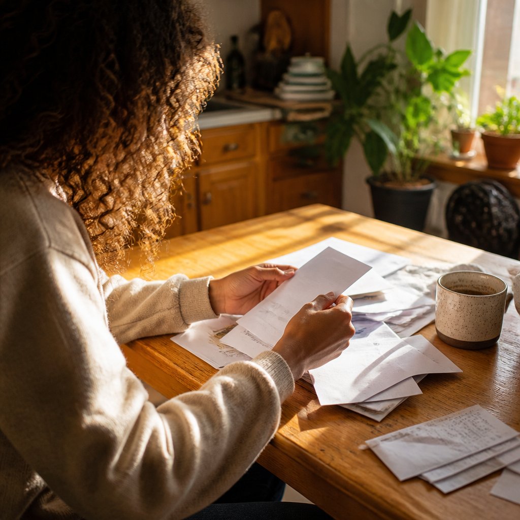 Hands holding medical bills on a wooden kitchen table with a steaming coffee mug.