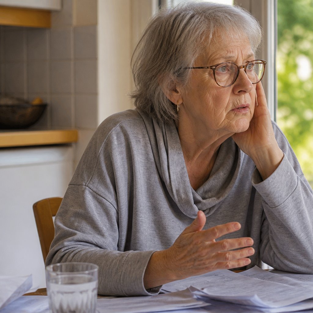 Woman holding phone at kitchen table with a worried expression after receiving an insurance call.