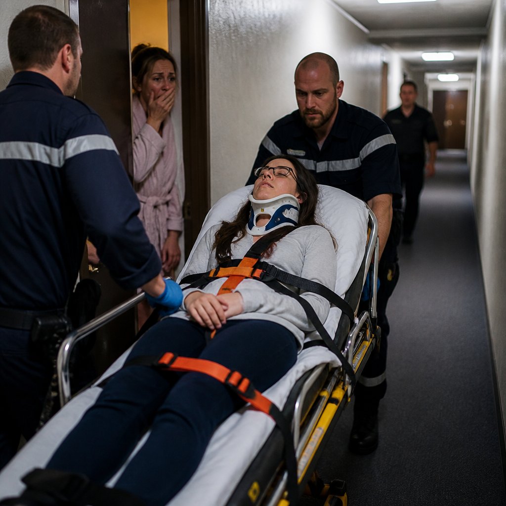 EMTs wheeling a young woman on a stretcher through apartment hallway while neighbor watches