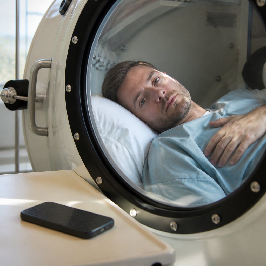 Man inside hyperbaric chamber with nurse monitoring, phone buzzing nearby.