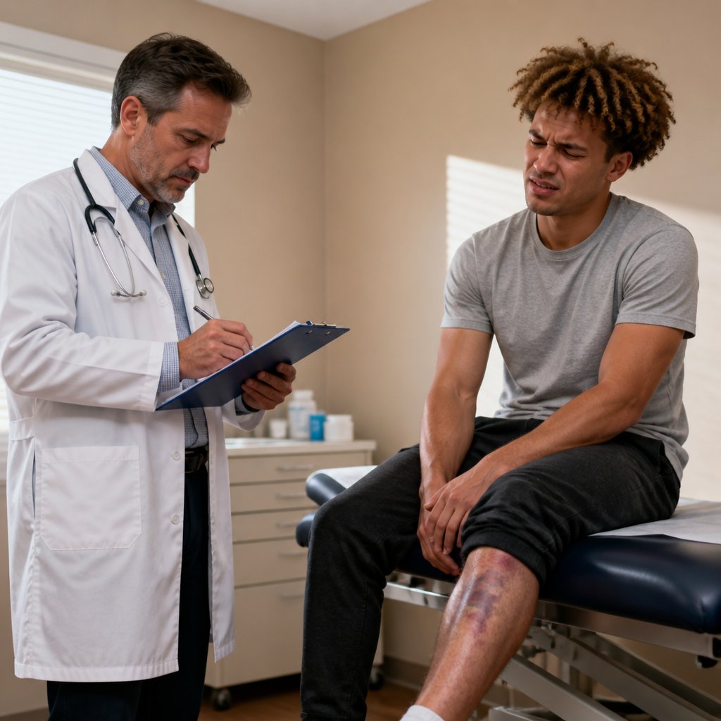 Company doctor writing a note while patient with swollen leg sits on exam table.