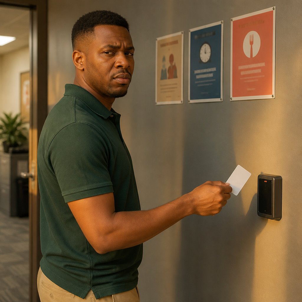 Man stands near an office badge scanner, holding his ID badge with a concerned look, in a hallway with policy posters.