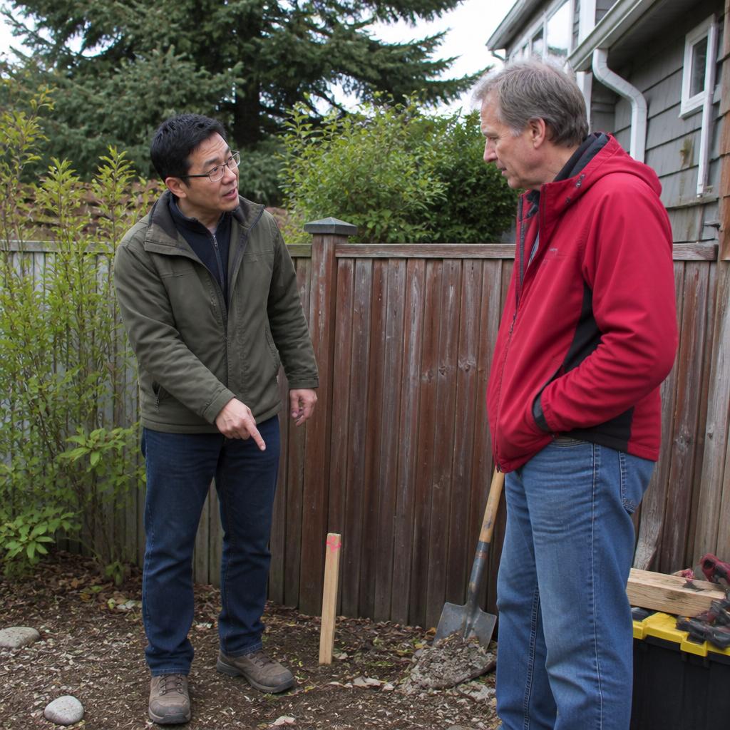 Man with glasses points to survey stake explaining boundary to skeptical neighbor