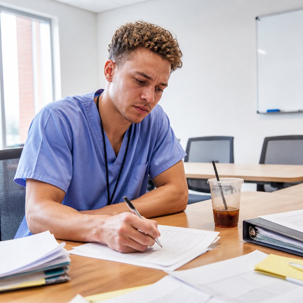 Young man in scrubs considering a pre-filled incident report in a small hospital room.