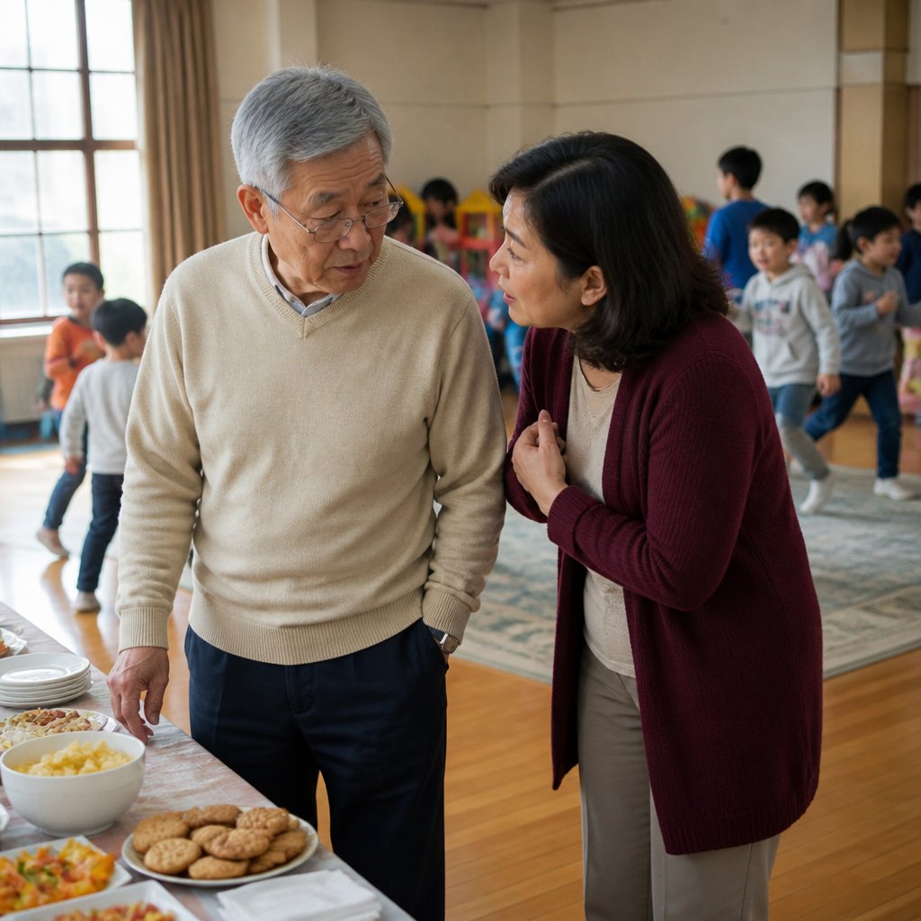 Man talking quietly to concerned woman at school event, kids playing nearby.