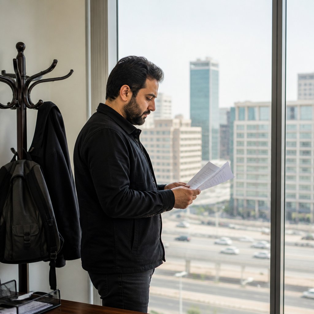 Man looking out an office window holding printed network logs with a city highway visible outside.