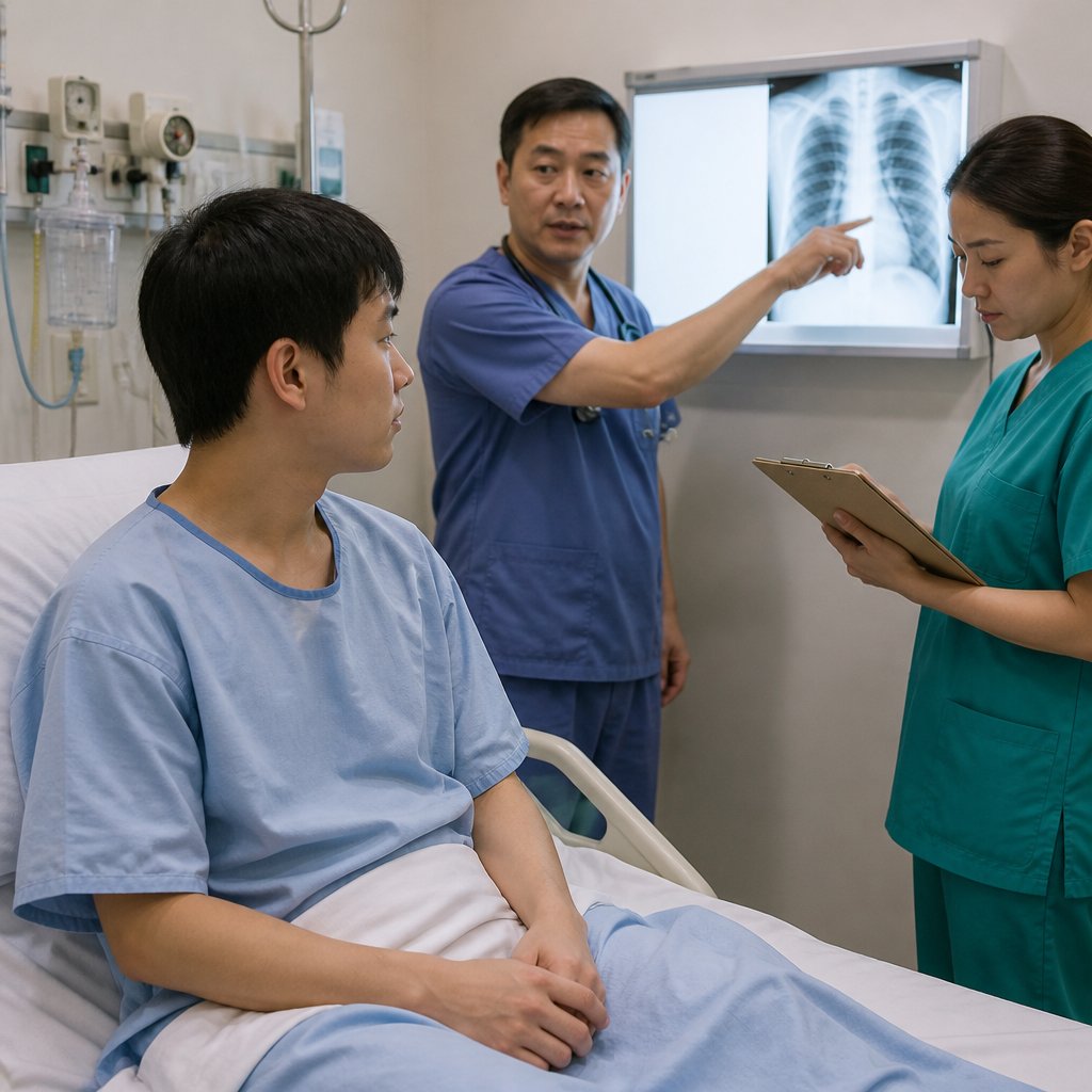 Man in hospital gown listens to doctor delivering serious diagnosis in ER room.
