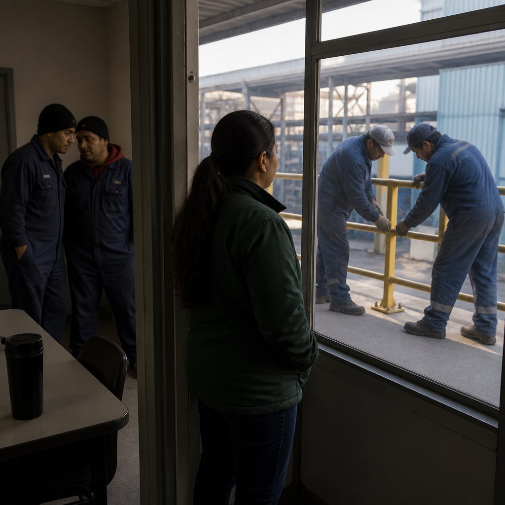Latina woman watches maintenance bolt guardrail as coworkers whisper in break room.