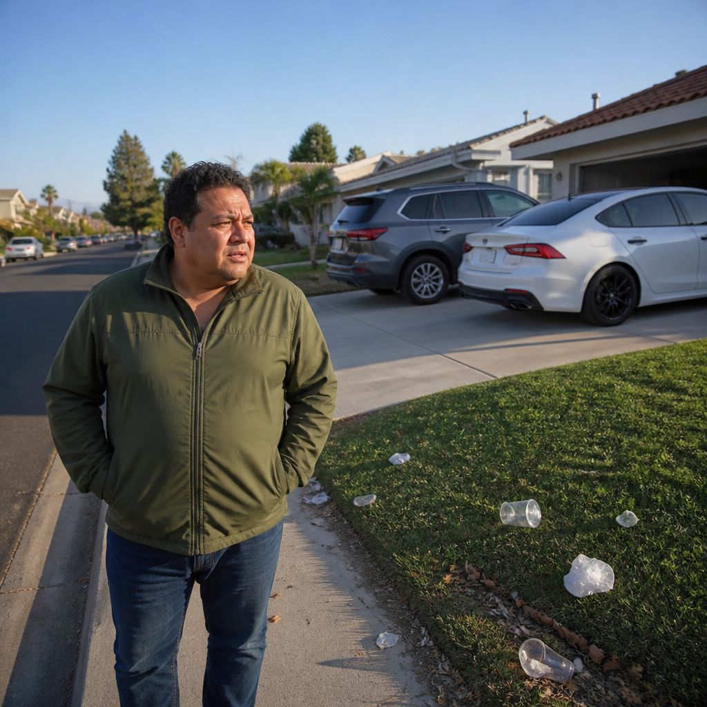 Man standing on sidewalk observing new cars and trash by neighbor's driveway in a suburban street.