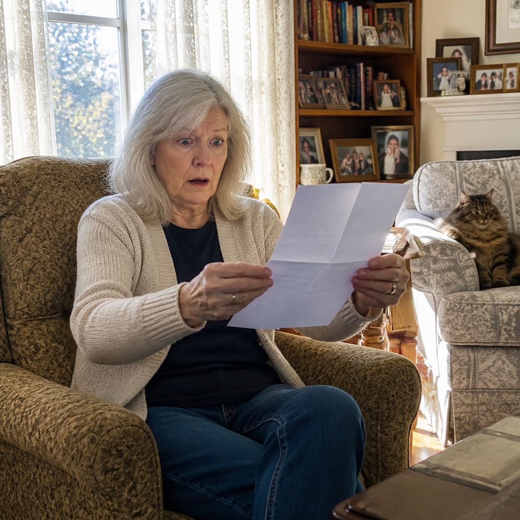Woman holding a legal letter at arm's length with wide-eyed disbelief in her cozy living room