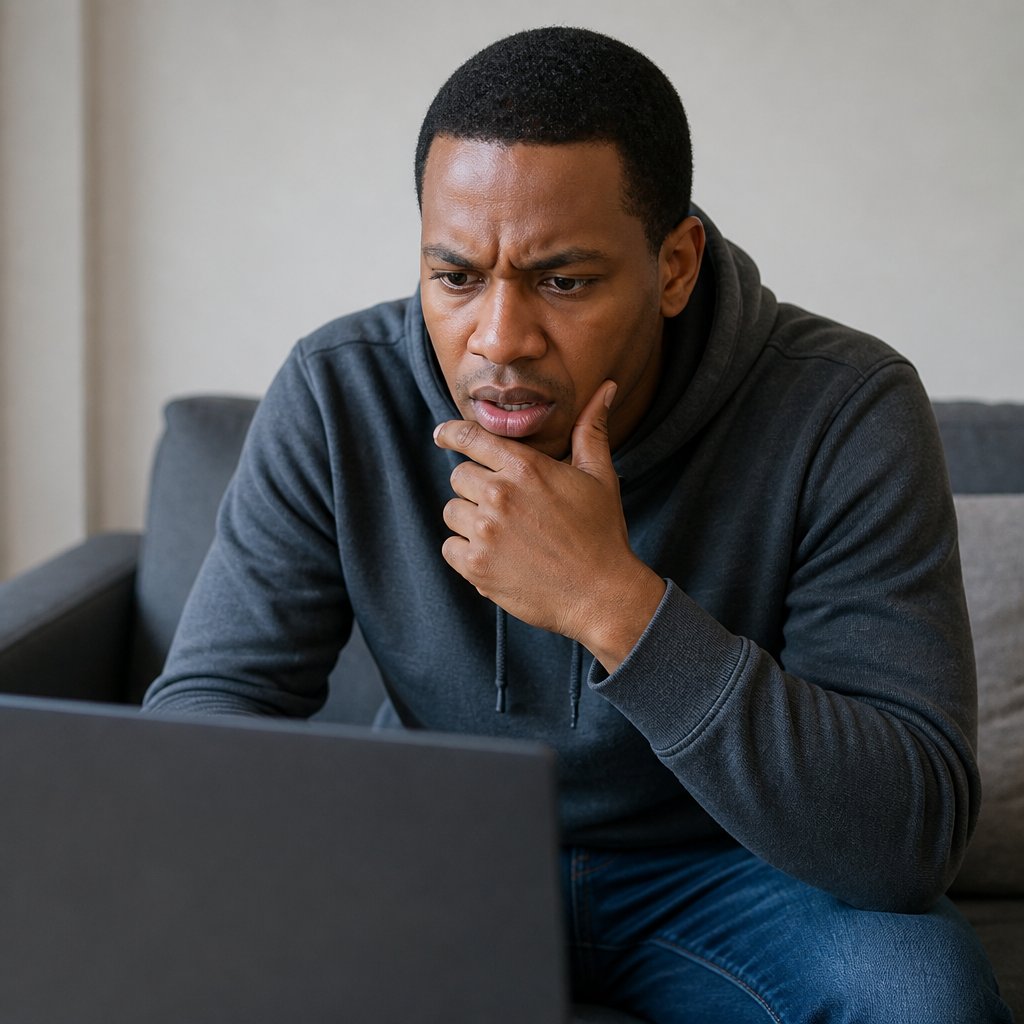 Man watching paused surgical video with intense focus at home