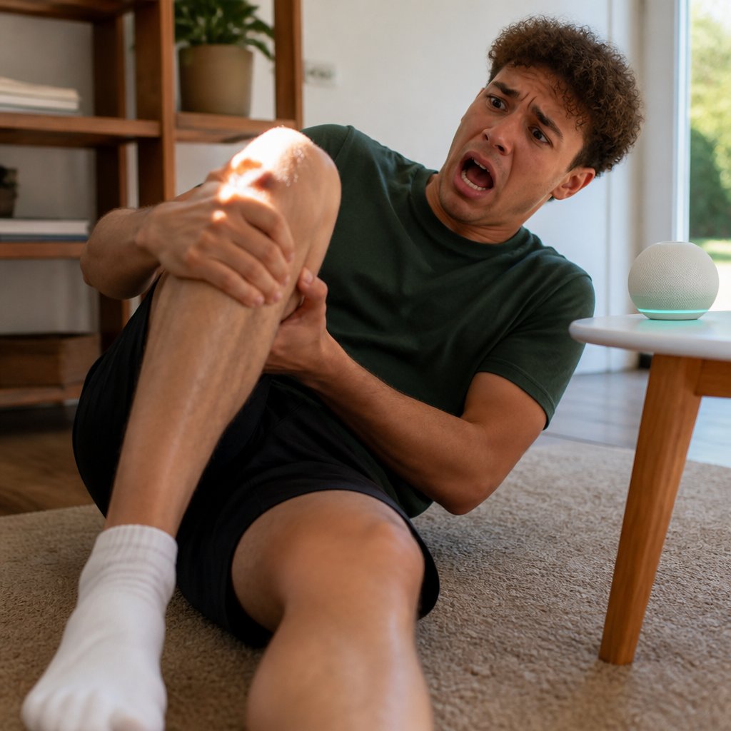 Young man clutching knee on carpet after injury, face showing shock and pain.