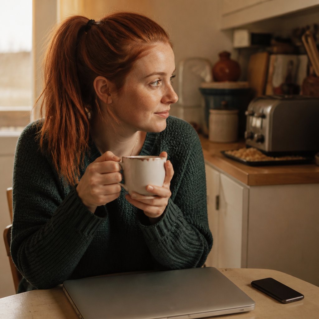 Woman at kitchen table holding coffee mug, contemplating new work rules.