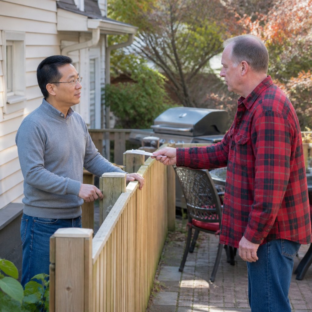 Neighbor offers document across fence during outdoor glare check proposal.