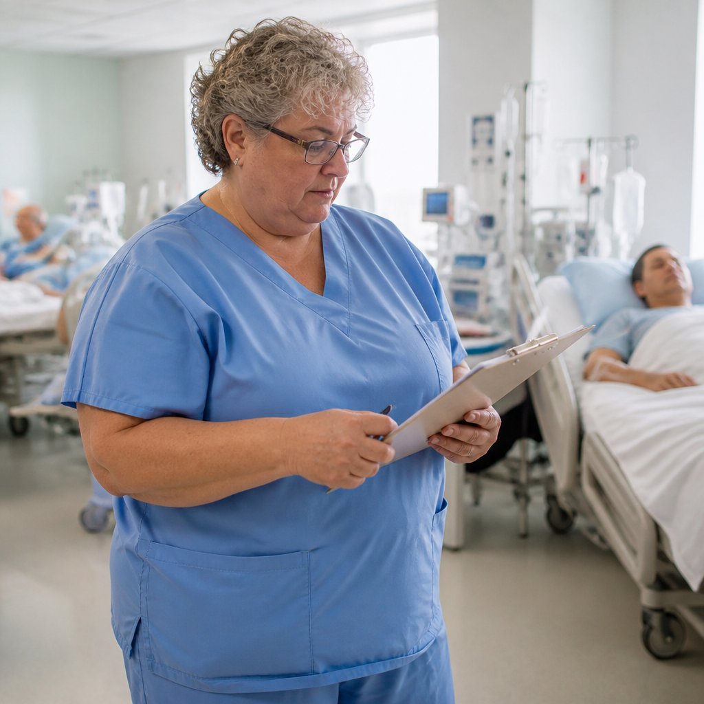Nurse in blue scrubs reviewing notes amid busy post-anesthesia care unit beds.