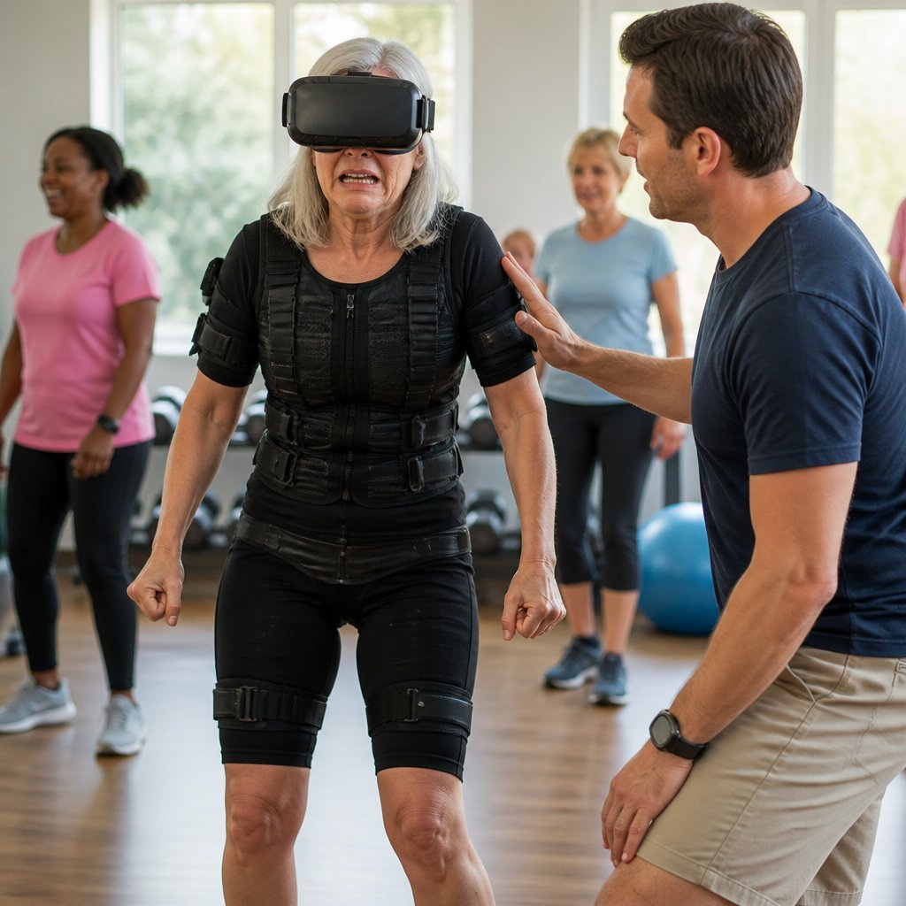 Silver-haired woman in VR suit grimacing in pain while trainer tells her to breathe.