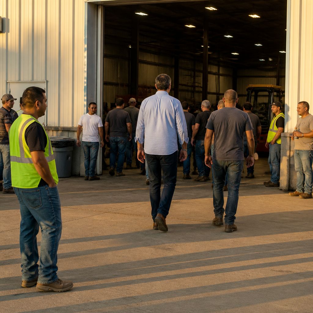 Group of workers walking back inside warehouse after protest