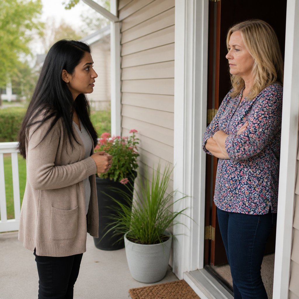 Woman speaking to neighbor who refuses to discuss tree damage at front door.
