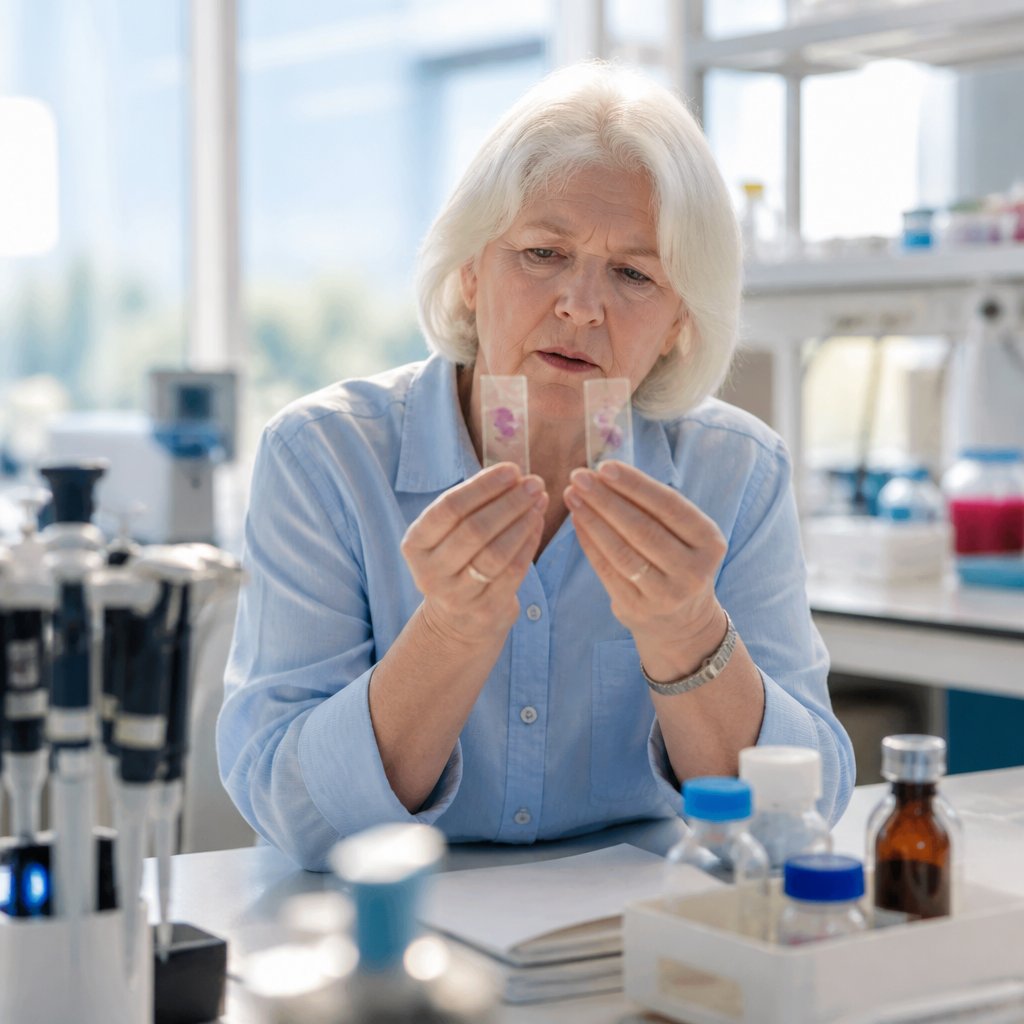 Older white woman comparing two stained slides side by side at lab bench
