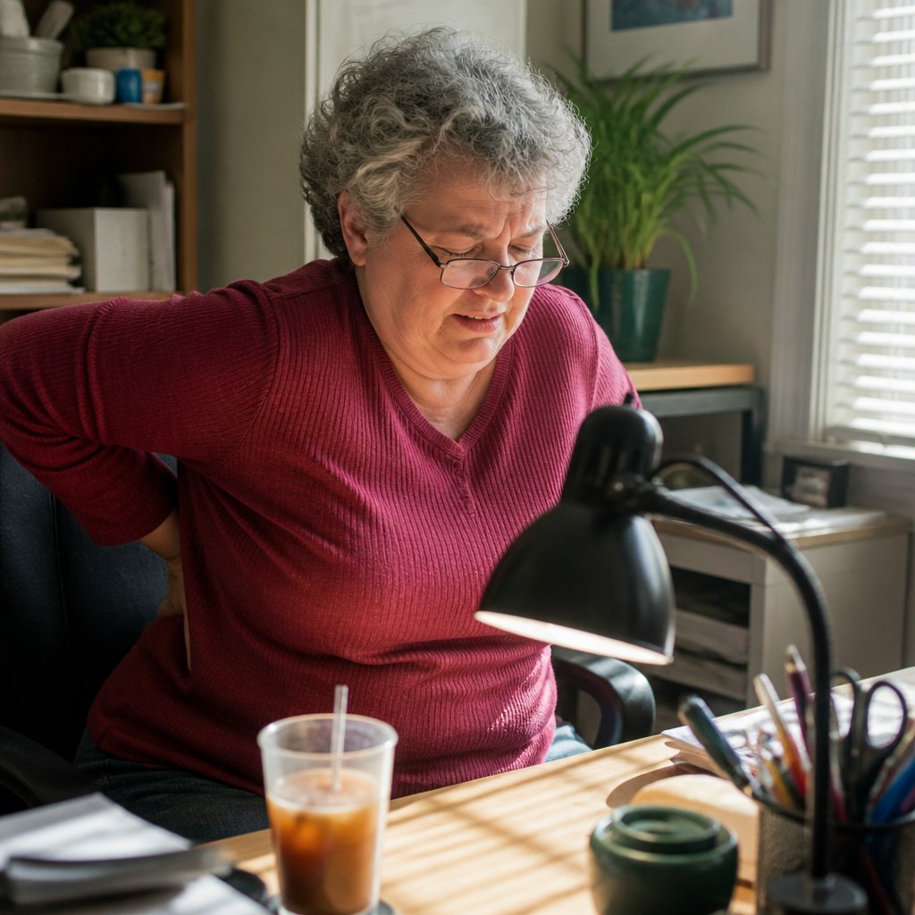 Woman clutching lower back in pain while seated at her office desk during overtime.