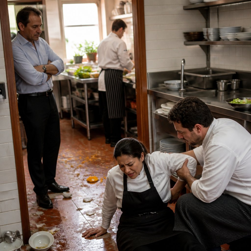 Restaurant owner looking annoyed while injured worker is helped up by a coworker