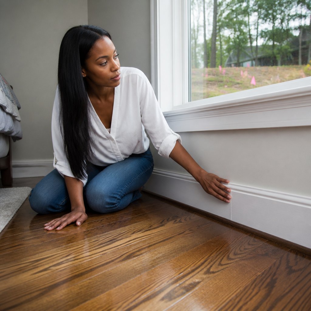 Woman kneeling by bedroom wall looking toward pink survey flags outside window.