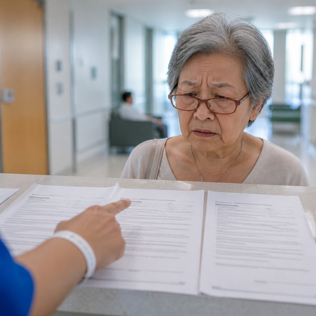 Medical chart with repeated exam notes and concerned woman reviewing it