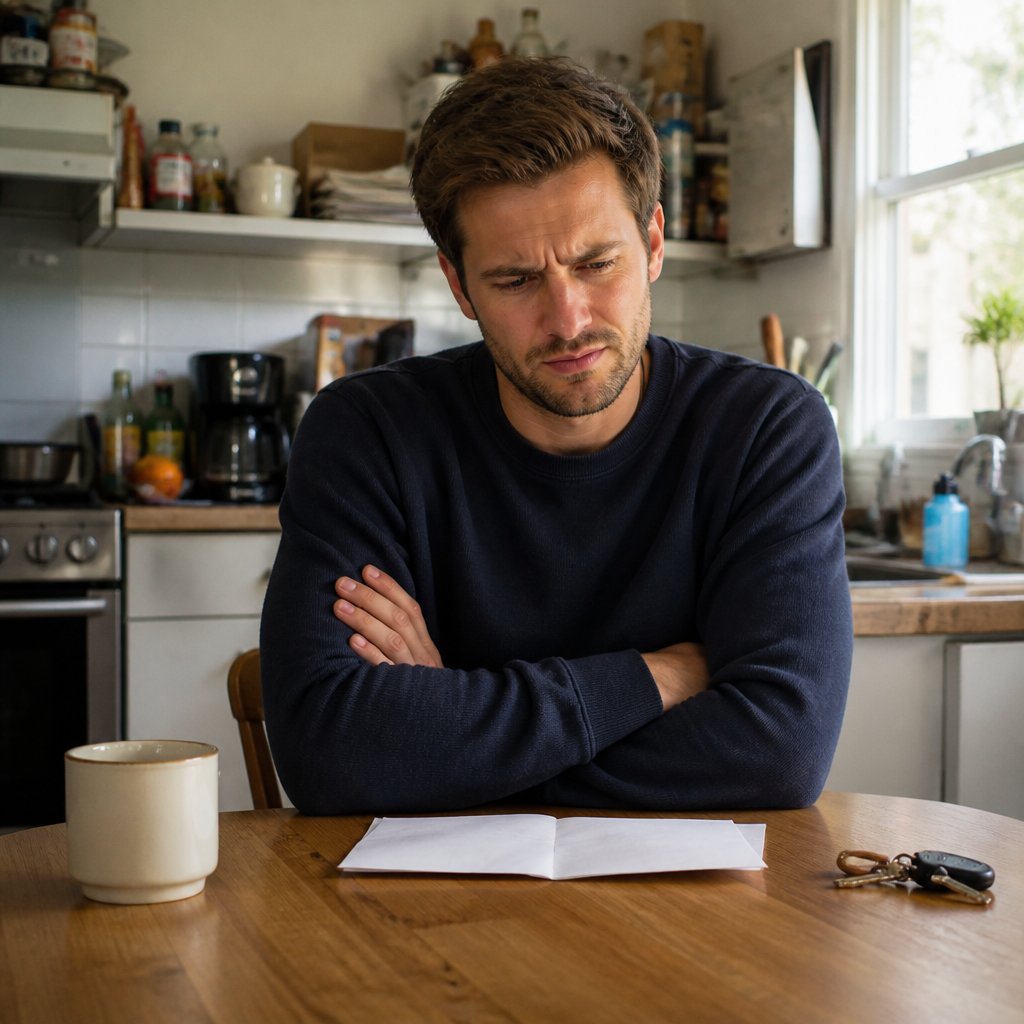 Man at kitchen table looks skeptically at a letter with a $50 credit offer.