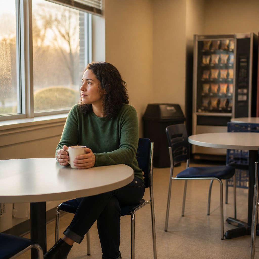 A woman sitting alone in a break room, looking thoughtful while holding a coffee cup.