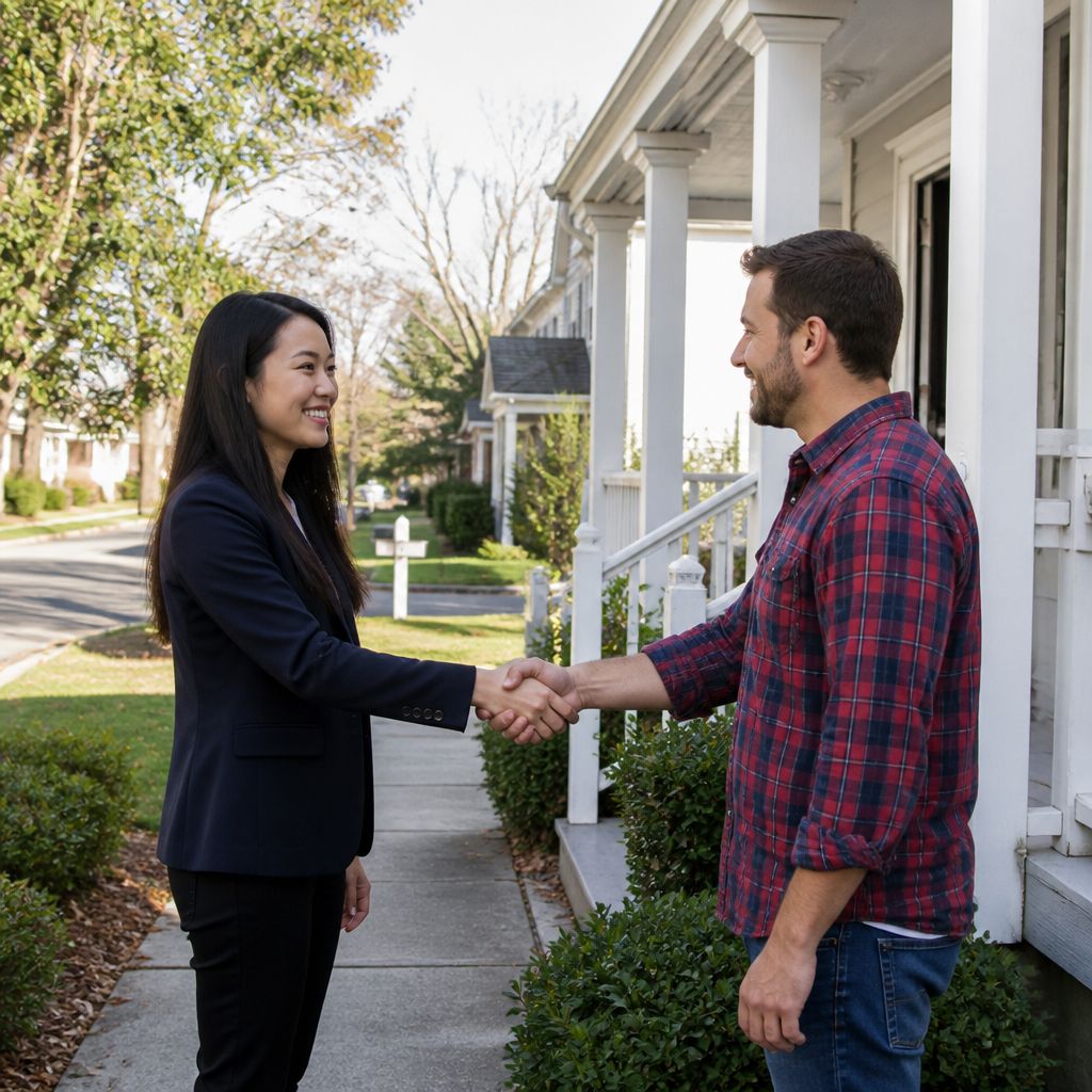 Woman and man shake hands outside house on closing day.