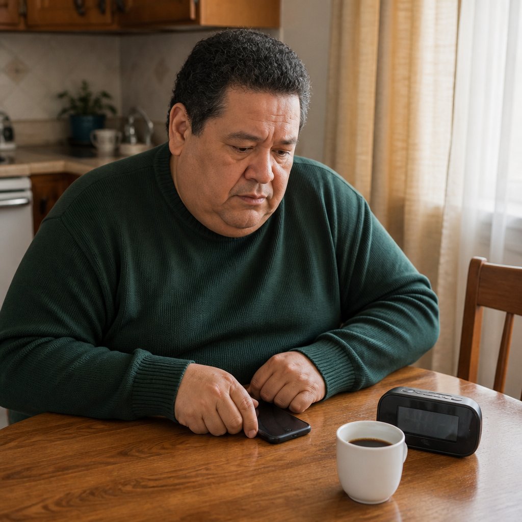 Man at kitchen table looks concerned while holding phone face down, ignoring patient portal status.