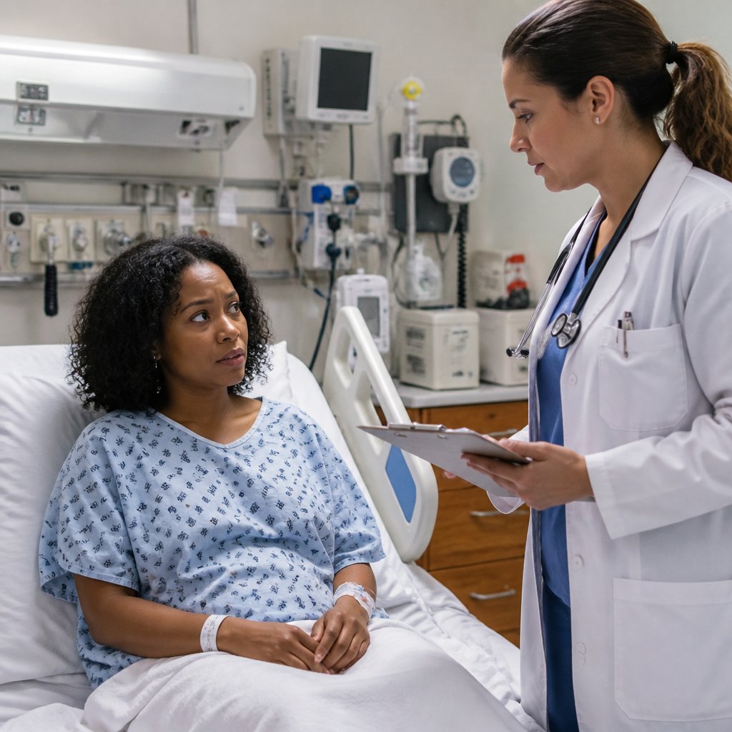 Woman in hospital gown on ER bed, doctor standing nearby with serious expression.