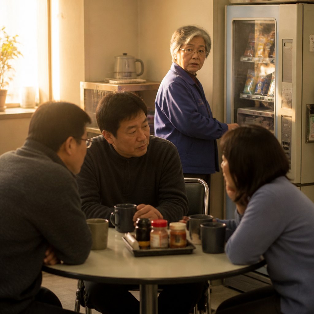 Older East Asian woman near vending machine overhearing coworkers whispering quietly at a break room table.