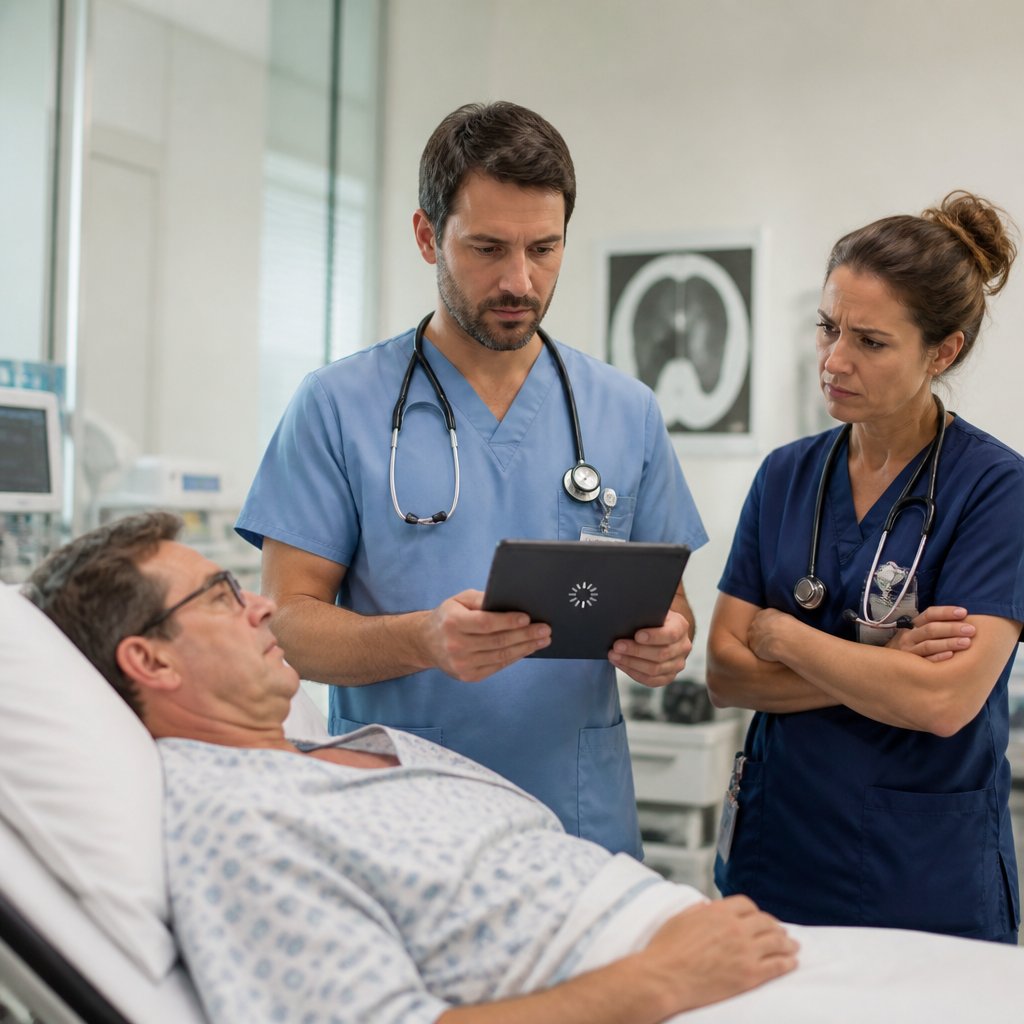 ER doctor viewing frozen tele-stroke consult on tablet in exam room.