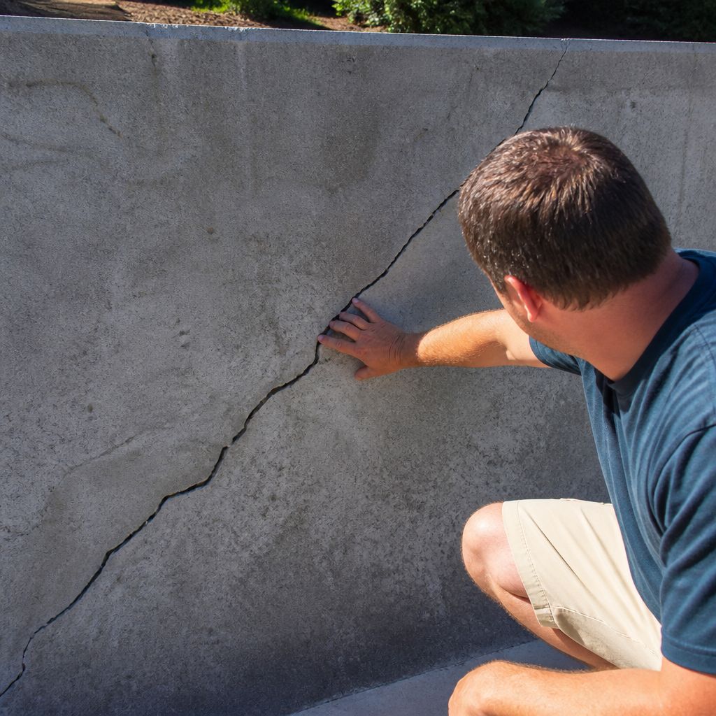 Large diagonal crack in unfinished pool wall with man's hand showing its width