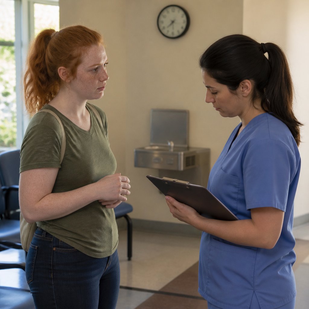 Young woman speaking seriously with a nurse in a hospital waiting room.